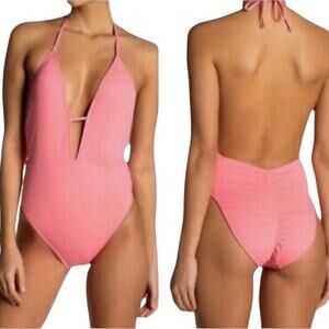NWT The Bikini Lab Solid Pink Plunge Backless One-Piece Halter Swimsuit Medium